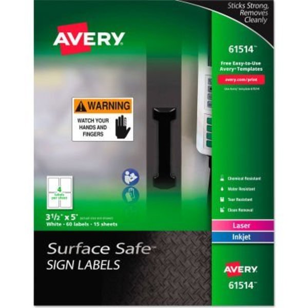 Avery Dennison Avery Surface Safe Sign Labels, 3-1/2in x 5in, White, 60/Pack 61514